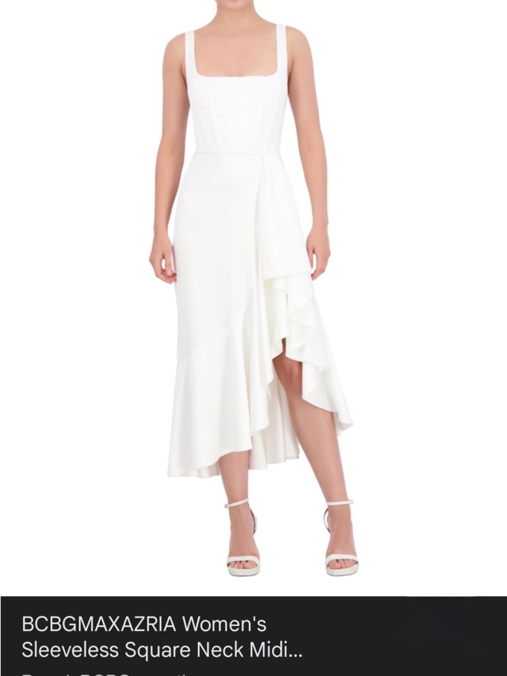 BCBGMaxAzria White Sleeveless Square-Neck Ruffle Midi Dress with Asymmetric Hem